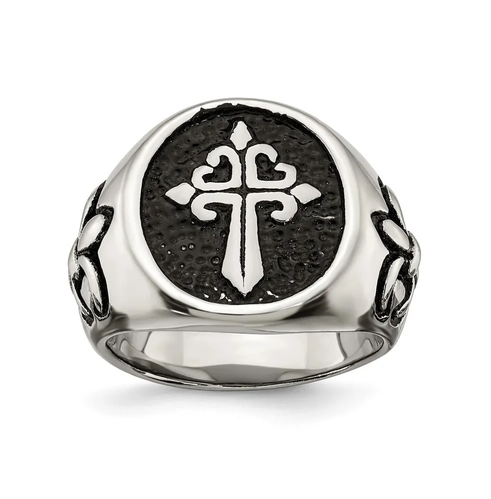 Chisel Stainless Steel Antiqued and Polished Fleur de Lis Cross Ring