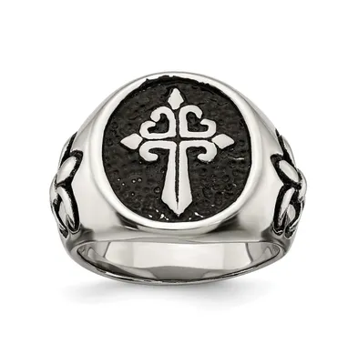 Chisel Stainless Steel Antiqued and Polished Fleur de Lis Cross Ring