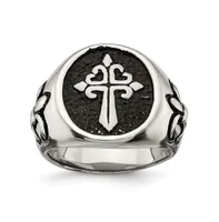 Chisel Stainless Steel Antiqued and Polished Fleur de Lis Cross Ring