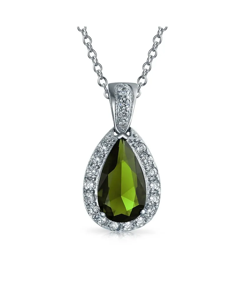 Bling Jewelry Classic Bridal Jewelry Pear Shape Solitaire Teardrop Halo Aaa 15CT Cz Simulated Green Peridot Pendant Necklace Prom Bridesmaid Wedding R