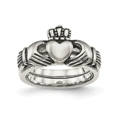 Chisel Stainless Steel Antiqued Claddagh Hinged Ring