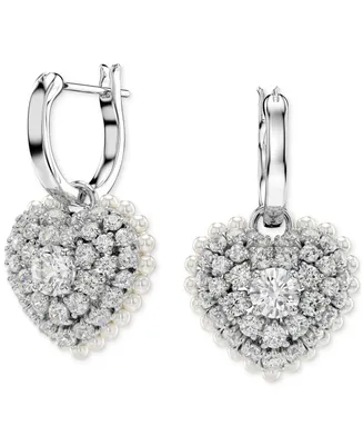 Swarovski Rhodium-Plated Crystal & Imitation Pearl Heart Charm Hoop Earrings
