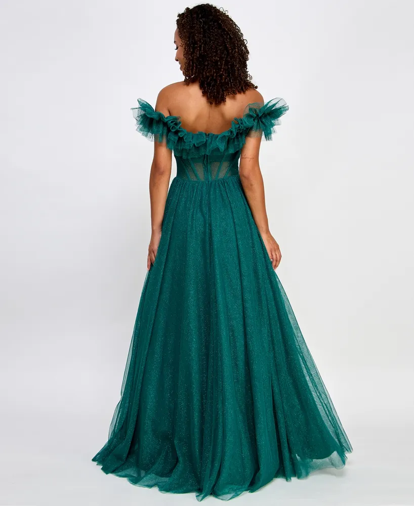 Say Yes Juniors' Ruffled-Neckline Shimmering Ball Gown, Created for Macy's