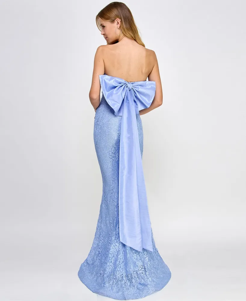 City Studios Juniors' Strapless Glitter-Lace Back-Bow Ball Gown, Created for Macy's