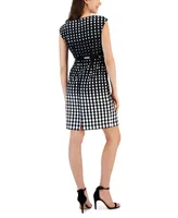Connected Petite Dotted Cap-Sleeve Belted Sheath Dress