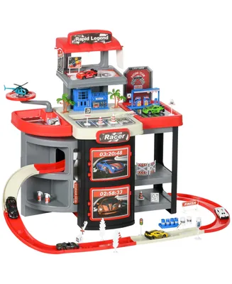Qaba City Garage Playset with 65 Accessories, 2 in 1 Design Children Trolley, Car Ramp Toy Set with 6 Mini Racer Cars, Gifts for Kids Ages 3