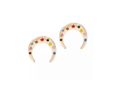 Crescent Moon Stud Earrings with Rainbow Cubic Zirconia Stones