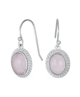 Bling Jewelry Western Style Natural Pink Quartz Milgrain Cable Edge Oval Drop Earrings For Women Sterling Silver Wire Fish Hook