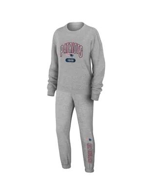 Women's Wear by Erin Andrews Heather Gray New England Patriots Plus Knitted Tri-Blend Long Sleeve T-shirt and Pants Lounge Set