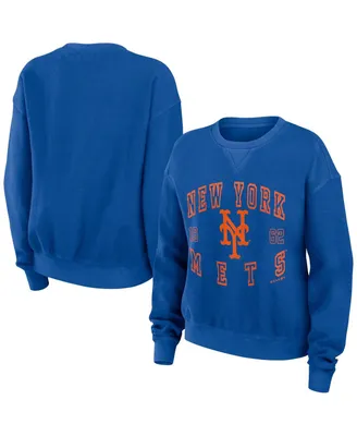 Women's Wear by Erin Andrews Royal Distressed New York Mets Vintage-Like Cord Pullover Sweatshirt