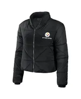Women's Wear by Erin Andrews Black Pittsburgh Steelers Cropped Puffer Full-Zip Jacket