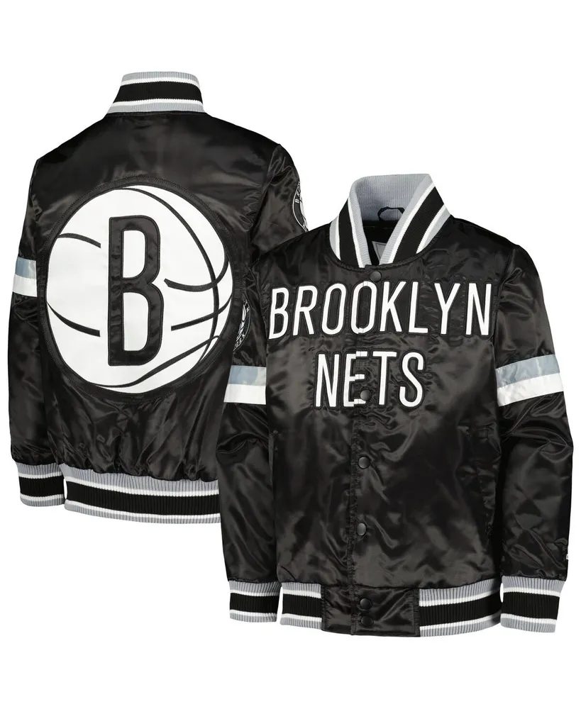 Big Boys Starter Black Brooklyn Nets Home Game Varsity Satin Full-Snap Jacket