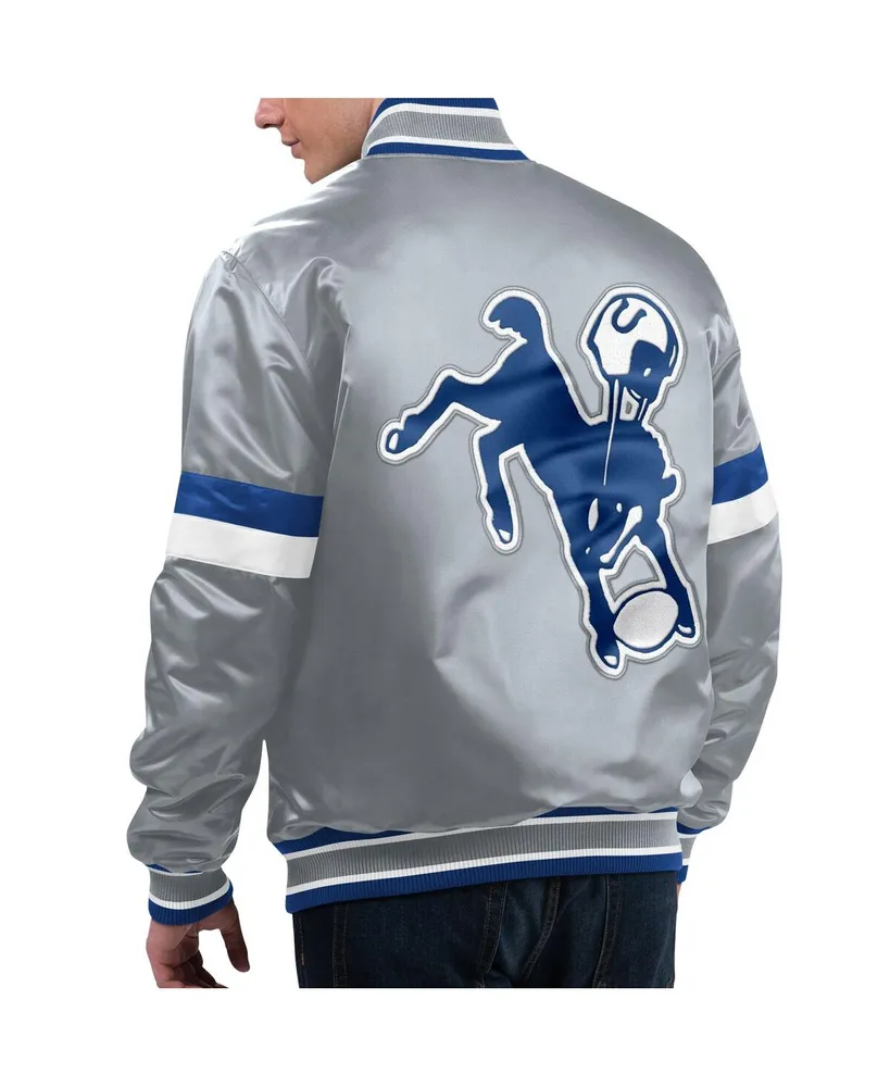 Men's Starter Gray Distressed Indianapolis Colts Gridiron Classics Home Game Satin Full-Snap Varsity Jacket