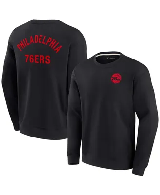 Men's and Women's Fanatics Signature Black Philadelphia 76ers Super Soft Fleece Oversize Arch Crew Pullover Sweatshirt