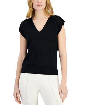 T Tahari Women's V-Neck Ribbed Button-Shoulder Cap-Sleeve Sweater