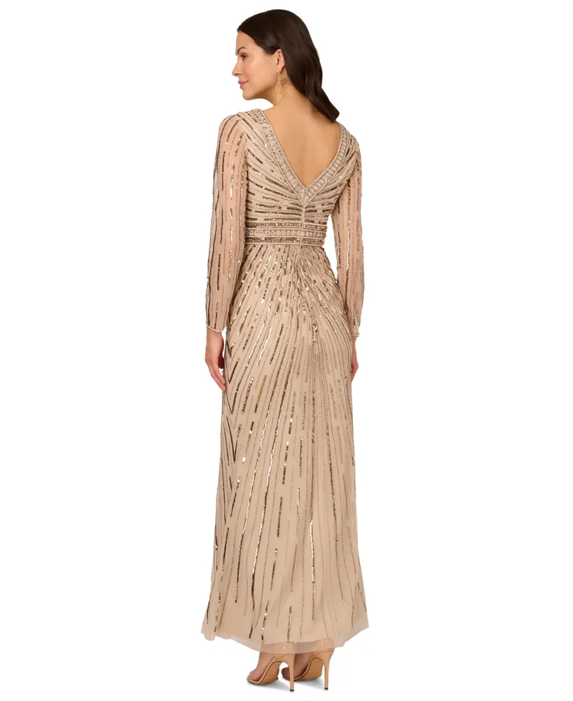 Adrianna Papell Women's Embellished V-Neck Long-Sleeve Gown