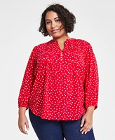 Tommy Hilfiger Plus Dot Print Pintuck 3/4-Sleeve Top