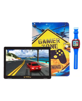Linsay New 10.1" Tablet Octa Core 128GB Bundle with Gamer Style Case and Kids Smart Watch Selfie & Camera Blue Newest Android 13