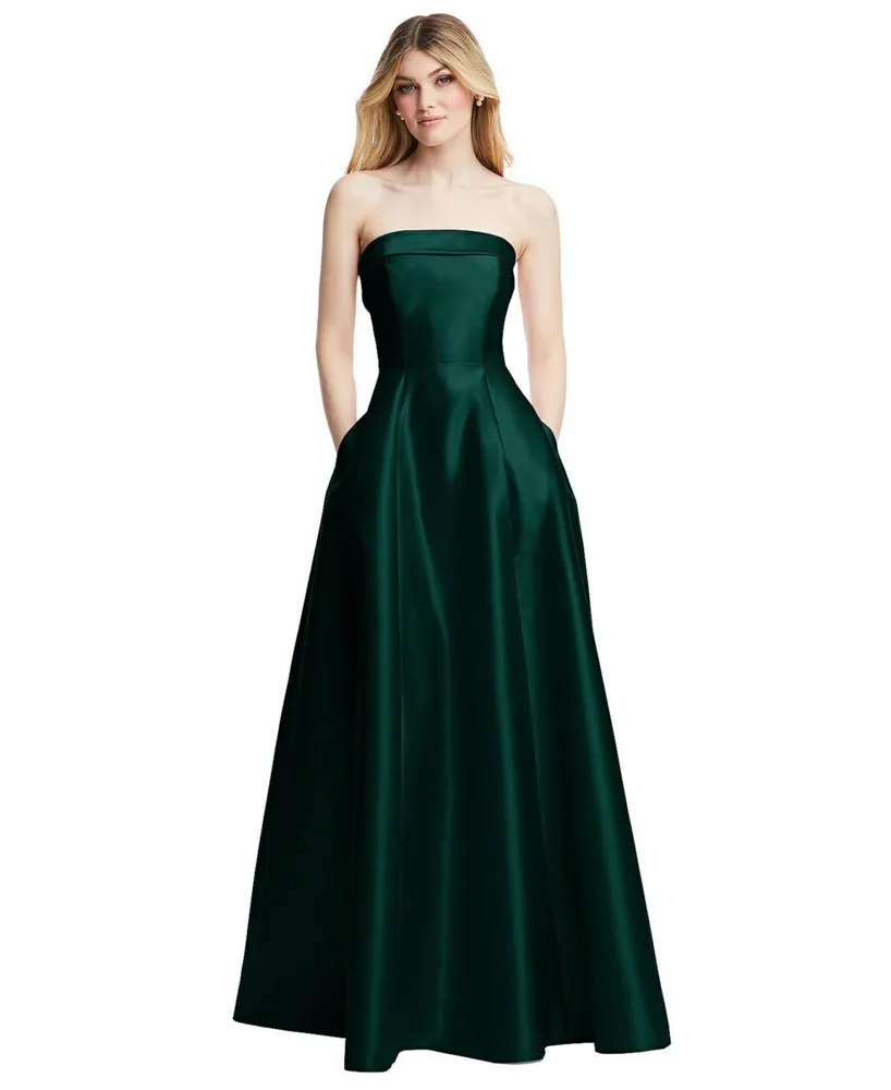 Strapless Bias Cuff Bodice Satin Gown with Pockets