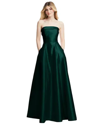 Strapless Bias Cuff Bodice Satin Gown with Pockets