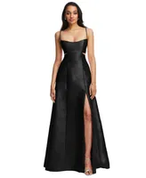 Womens Open Neckline Cutout Satin Twill A-Line Gown with Pockets