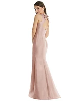 Womens Jewel Neck Bowed Open-Back Trumpet Dress with Front Slit