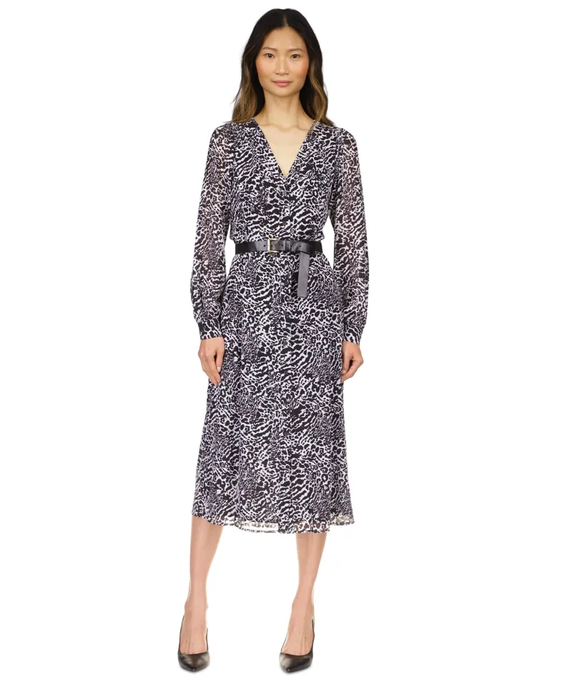 Michael Kors Petite Animal-Print Kate Belted Dress