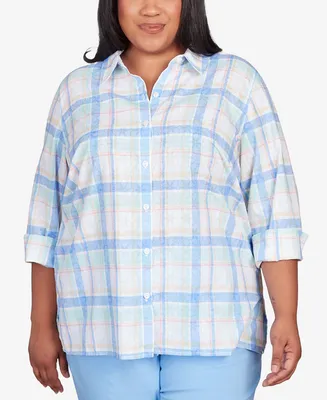Alfred Dunner Plus Classic Neutrals Plaid Button Down Top