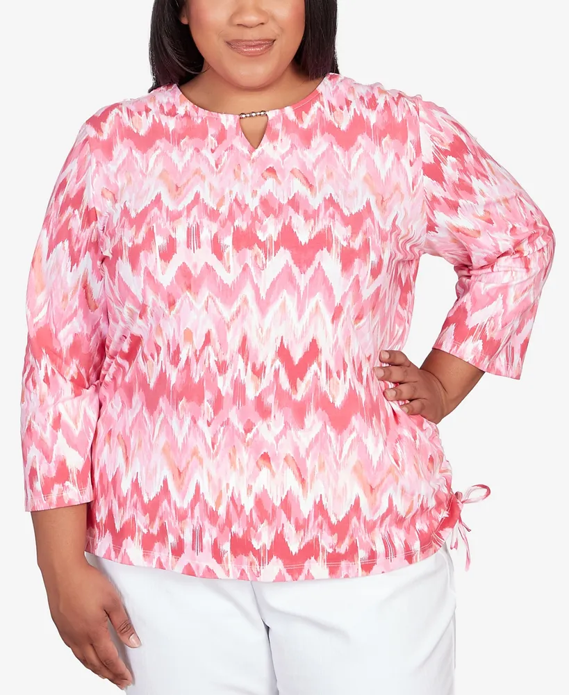 Alfred Dunner Plus Size Classic Brights Side Tie Chevron Split Neck Top