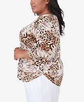 Alfred Dunner Plus Classic Puff Print Mixed Animal Split Neck Top