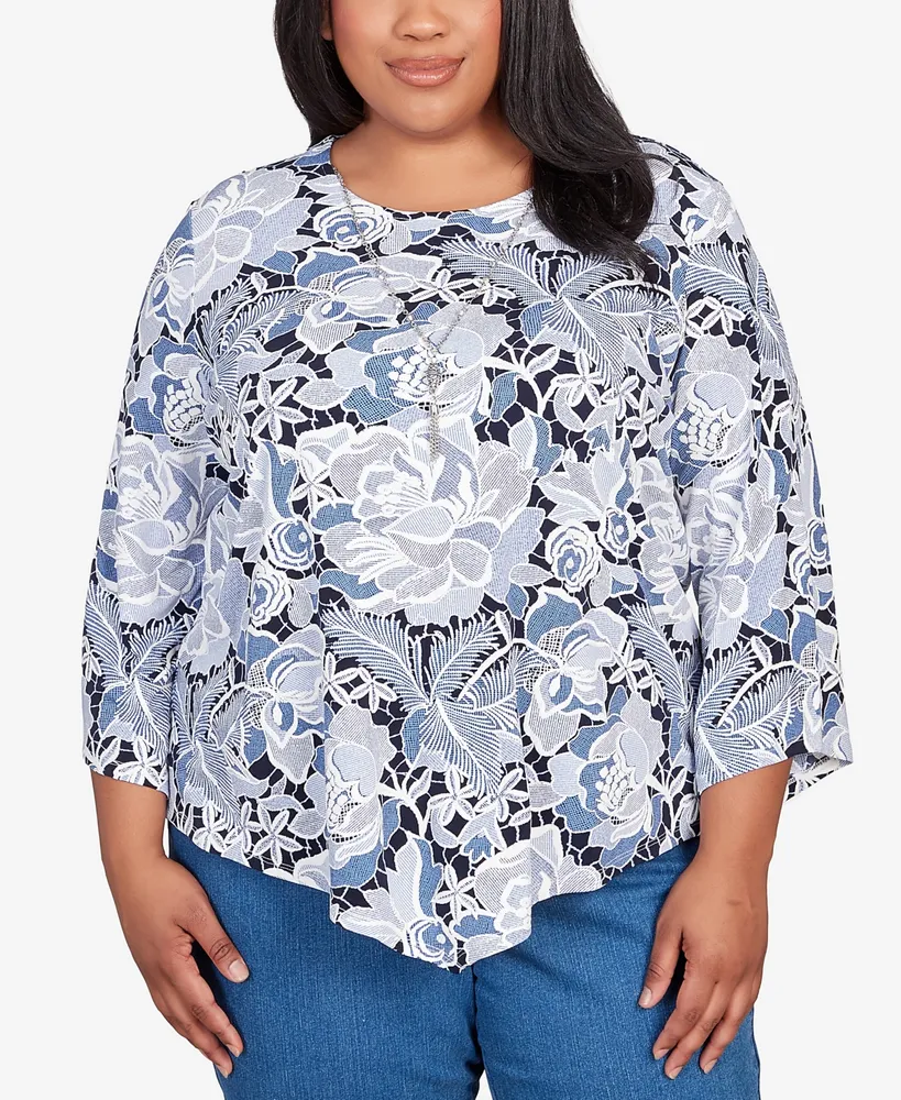 Alfred Dunner Plus Classic Puff Print Lacey Floral Top with Necklace