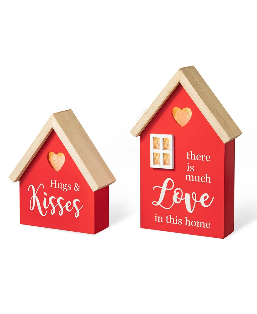 Glitzhome Lighted Valentine's Wooden House-Shaped Table Decor, Set of 2