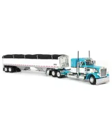 First Gear Dcp 1/64 Teal & White Peterbilt 36in Flattop Sleeper w/ Wilson Commander Grain Trailer