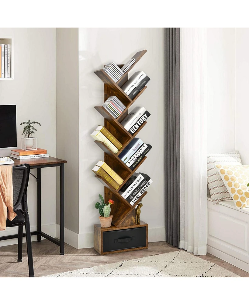 10-tier Tree Bookshelf with Drawer Free-standing Storage Bookcase
