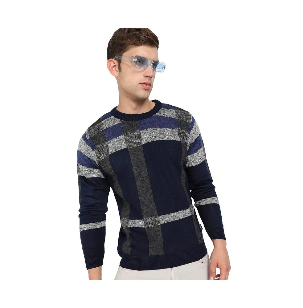 Campus Sutra Men's Blue & Grey Heathered Contrast Panel Pullover Sweater