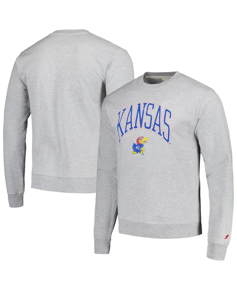 Men's League Collegiate Wear Heather Gray Distressed Kansas Jayhawks Tall Arch Essential Pullover Sweatshirt