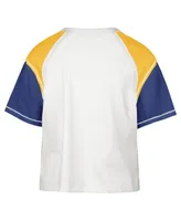 Women's '47 Brand Cream Distressed Golden State Warriors Premier Raglan Cropped T-shirt