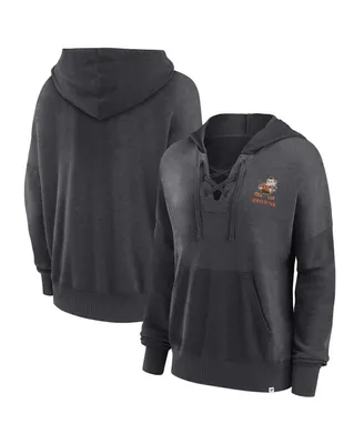 Women's Fanatics Heather Charcoal Distressed Cleveland Browns Heritage Snow Wash French Terry Lace-Up Pullover Hoodie