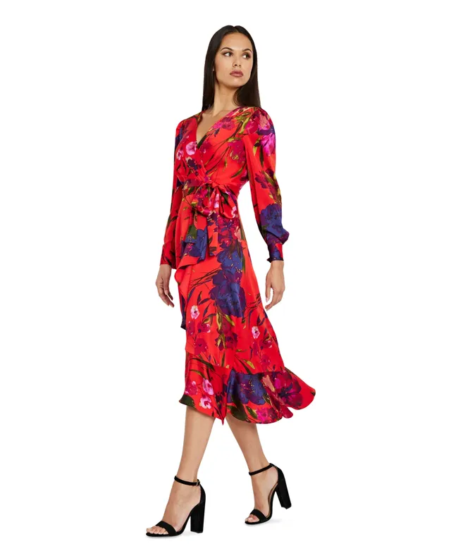 Tahari Asl Women's Floral Faux-Wrap Long-Sleeve Midi Dress