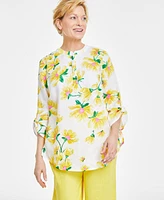 Charter Club Women's 100% Linen Floral-Print Woven Tab-Sleeve Tunic, Created for Macy's