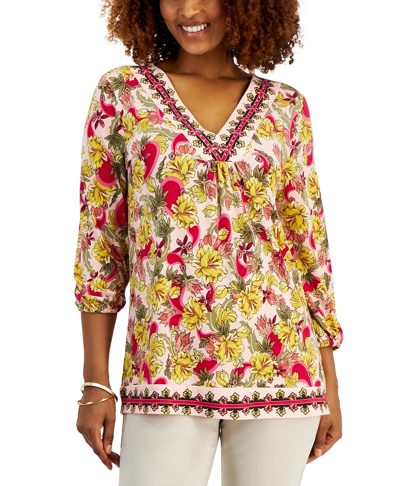 Jm Collection Petite Floral V Neck 3/4-Sleeve Top