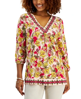 Jm Collection Petite Floral V Neck 3/4-Sleeve Top, Created for Macy's