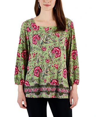 Jm Collection Women's Printed 3/4 Sleeve Square-Neck Top, Created for Macy's