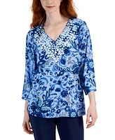 Jm Collection Women's Printed 3/4 Sleeve V-Neck Embellished Top, Created for Macy's