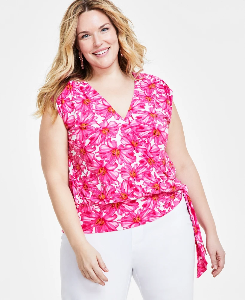 I.n.c. International Concepts Plus Floral-Print Side-Tie Top, Created for Macy's