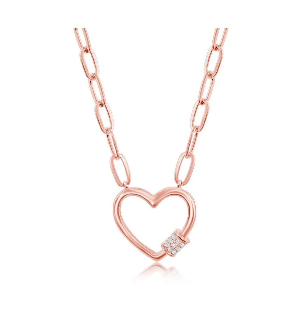sterling silver Gold or Rose Plated over Cz Heart Carabineer Paperclip Necklace