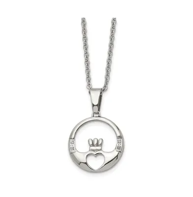 Chisel Polished with Cz Claddagh Pendant on a Cable Chain Necklace