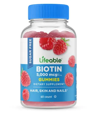 Lifeable Sugar Free Biotin 5,000 mcg Gummies - Hair, Skin And Nails - Great Tasting Natural Flavor, Dietary Supplement Vitamins - 60 Gummies