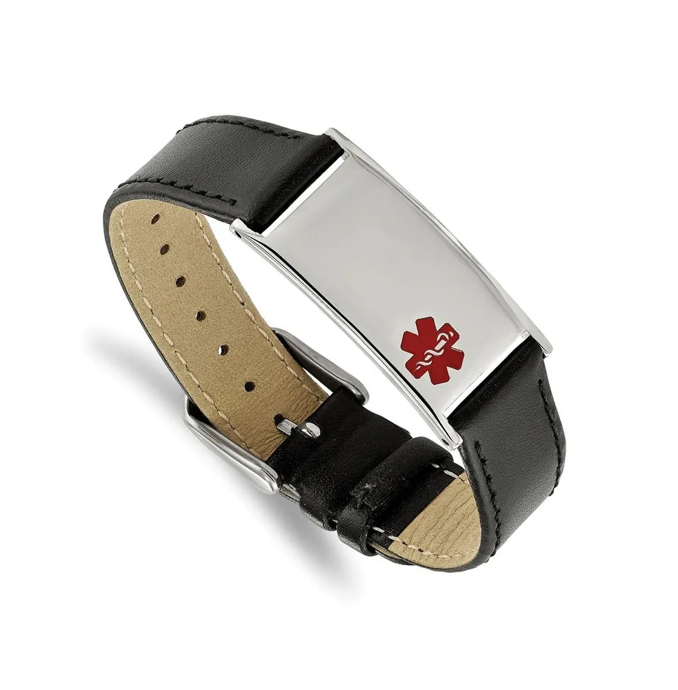 Chisel Stainless Steel Enamel Medical Id Black Leather Adj. Bracelet