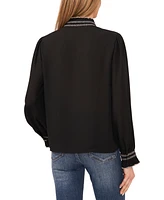 CeCe Women's Contrast Stitch Blouson Sleeve Pleated Front Top